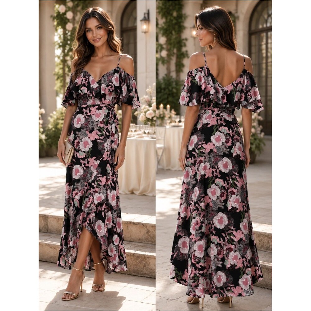 Lulu's Fully Bloomed Black Pink Floral Off-the-Shoulder Maxi Wrap Dress Large